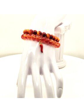 Orange Chili Pepper Bracelet Stack, Red Beaded Bracelet Set, Color Pop Jewelry,